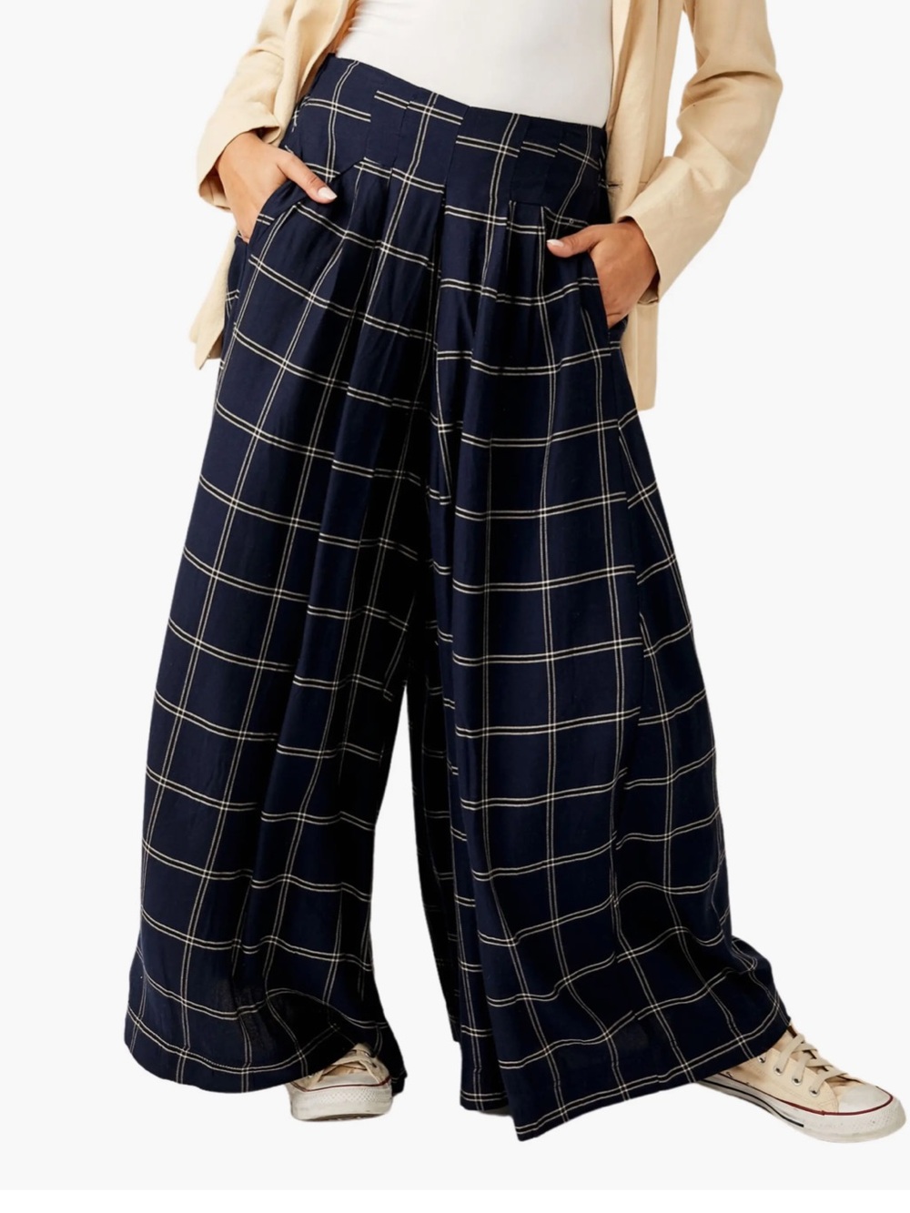 New Free People Navy Windowpane Wide-Leg Trousers